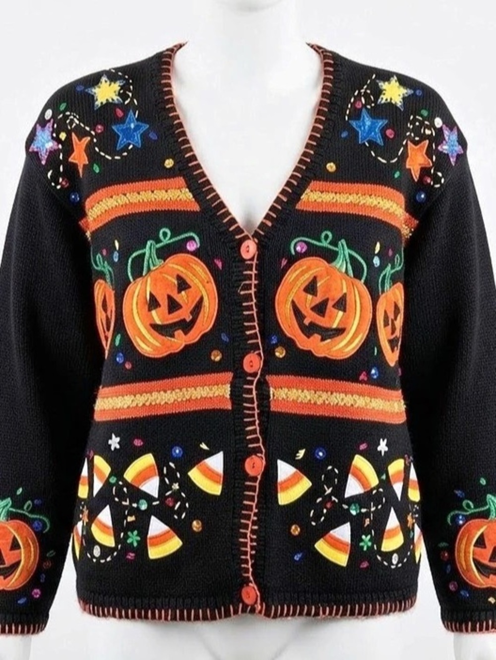 Halloween Teacher Sweater Cardigan Pumpkin & Candy Corn size Medium